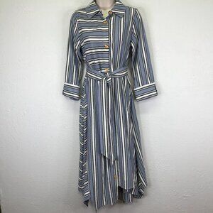 Soft Surroundings Dress Womens XS Blue Striped 3/4 Sleeve Belted Button Up